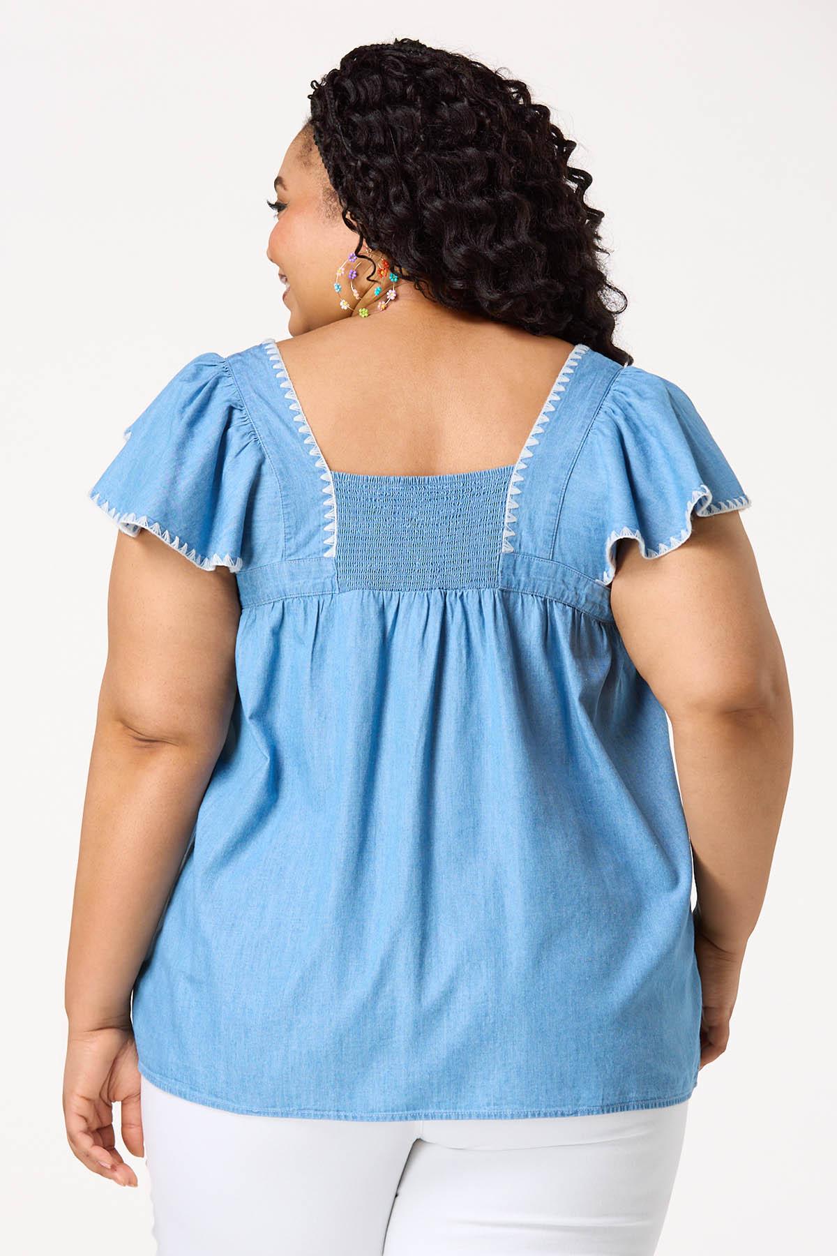 Plus Size Chambray Whipstitch Flutter Sleeve Top