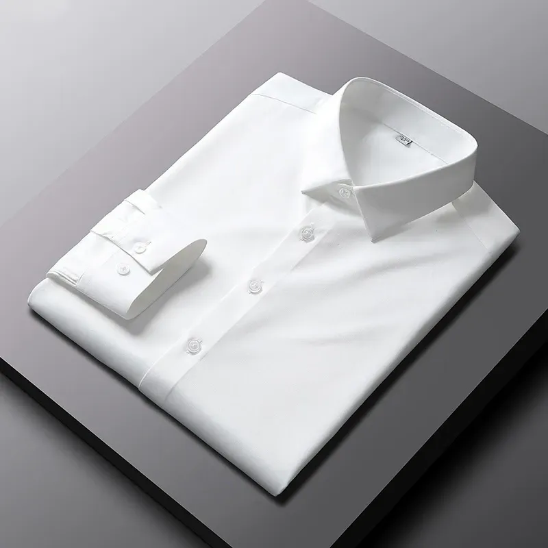 2025 New Elastic Silk White Shirt Men'S Long Sleeve Iron-Free Solid Color Breathable Casual Slim Business Men'S Shirt