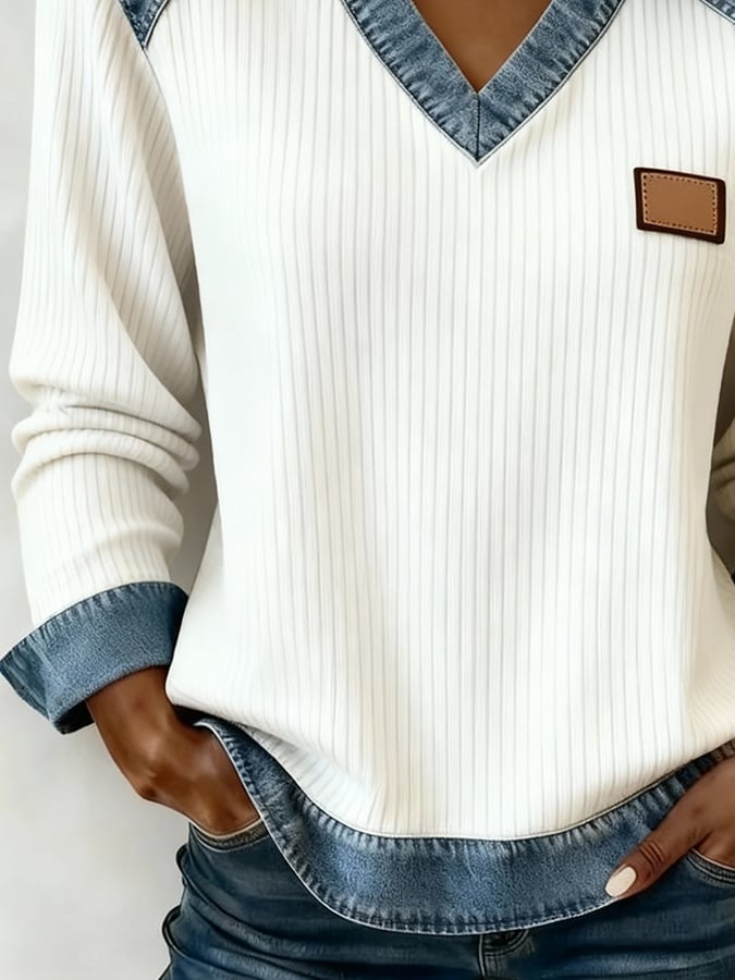 Women'S Casual V Neck  Patchwork Pullover Sweatshirt