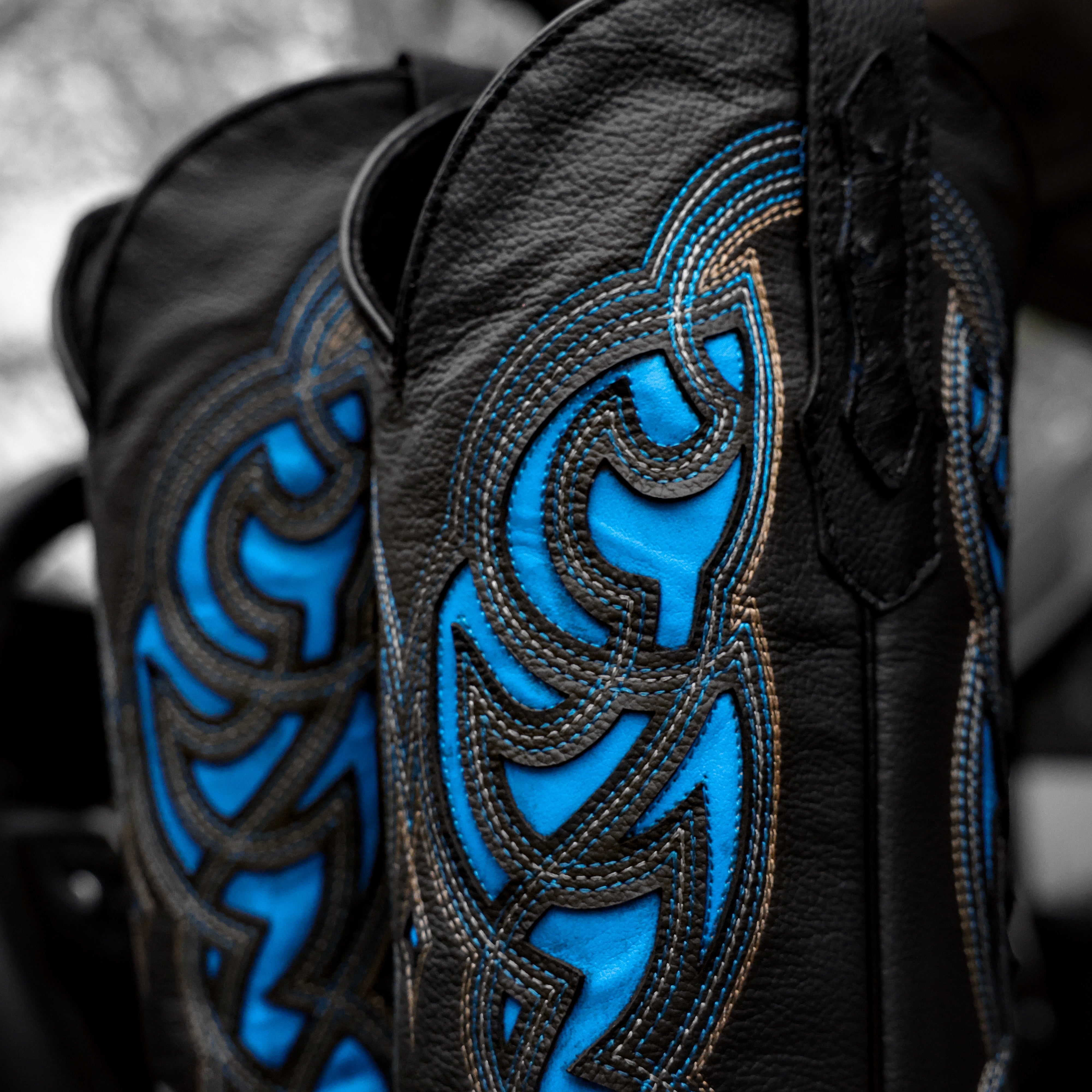 Black/Blue Ostrich Leather Boots - Square Toe