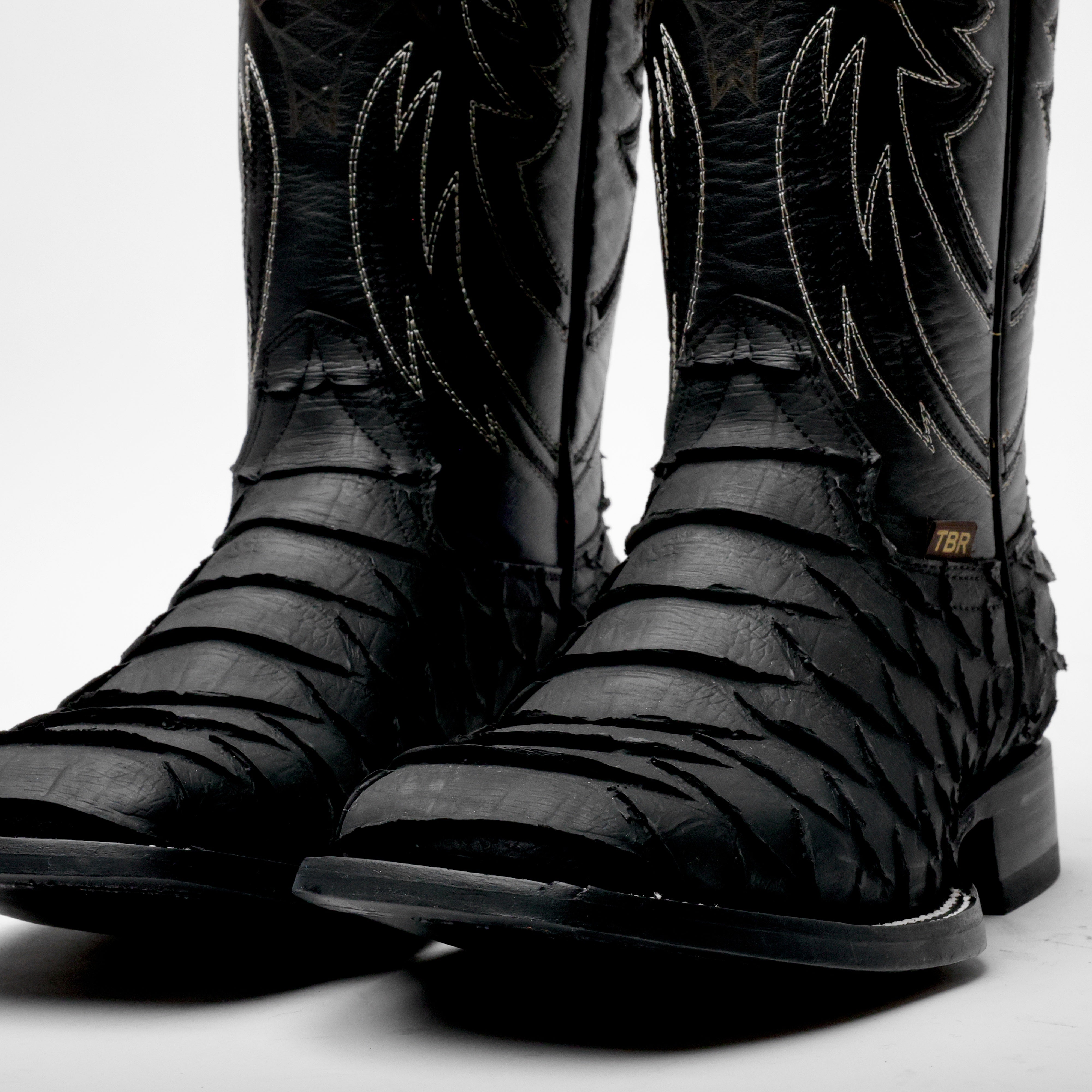 Black Jumbo Python Leather Boots - Square Toe