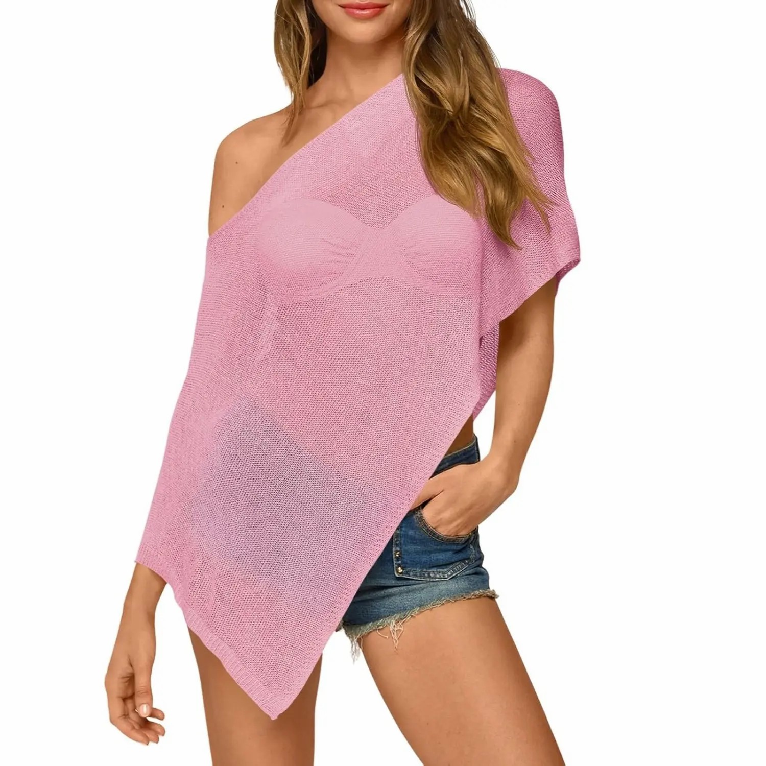 Womens Sheer Poncho Top Lightweight Knit Bolero Shrug Mesh Off The Shoulder Y2K Going Out Beach Swimsuit Coverup