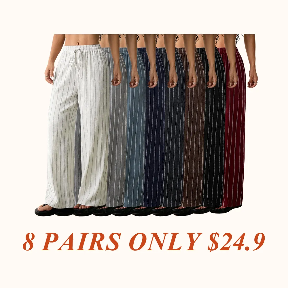 Women's Striped Waist Tie Straight Leg Loose Casual Belted Pants, Fitted Style