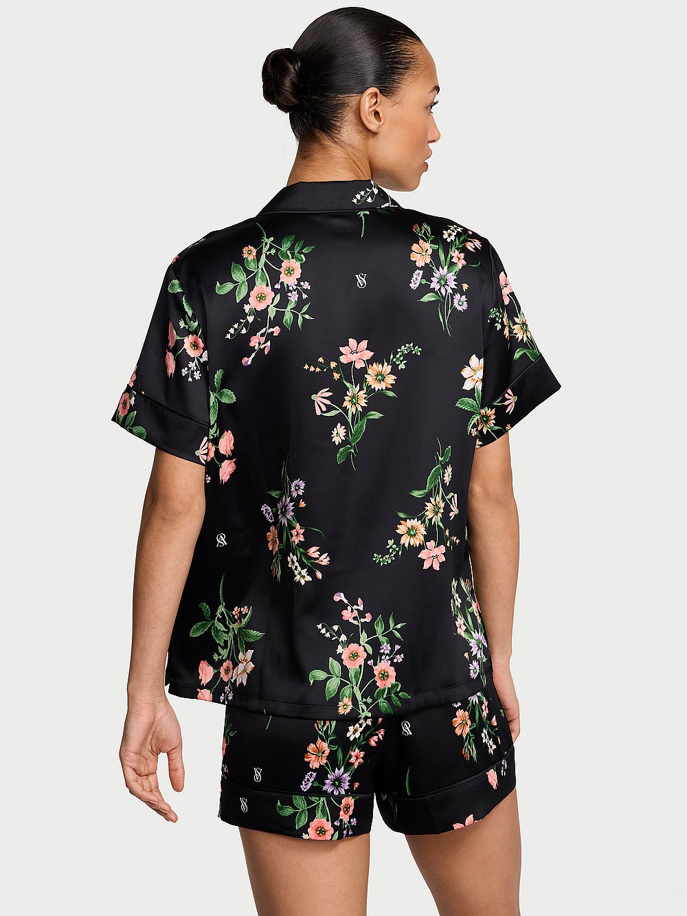 Signature Satin Short Pajama Set Black Botanical