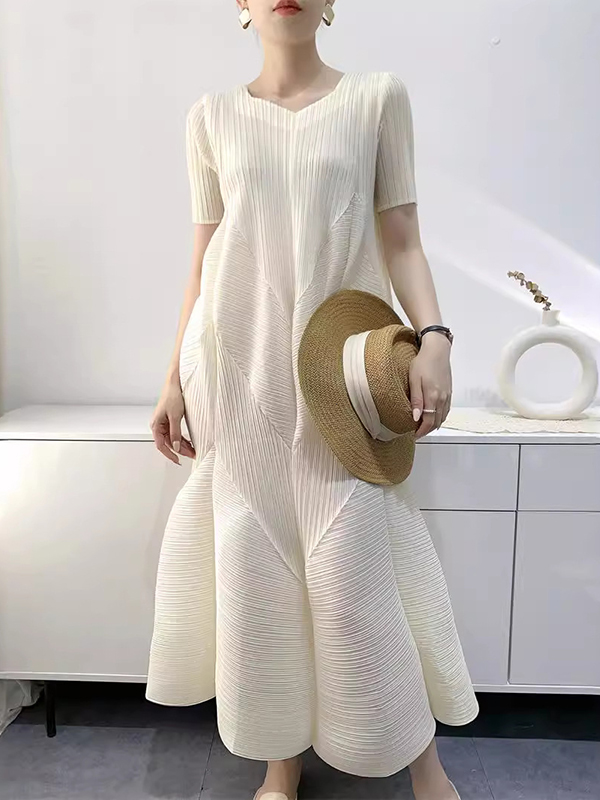 Pleated Solid Color Split-Joint Loose Short Sleeves V-Neck Midi Dresses