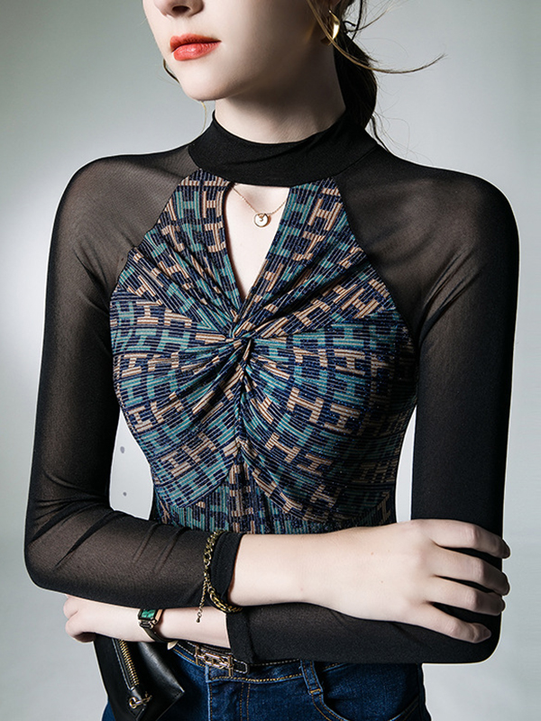 Hollow Knot Letter Print Split-Joint Long Sleeves Skinny Mock Neck T-Shirts Tops