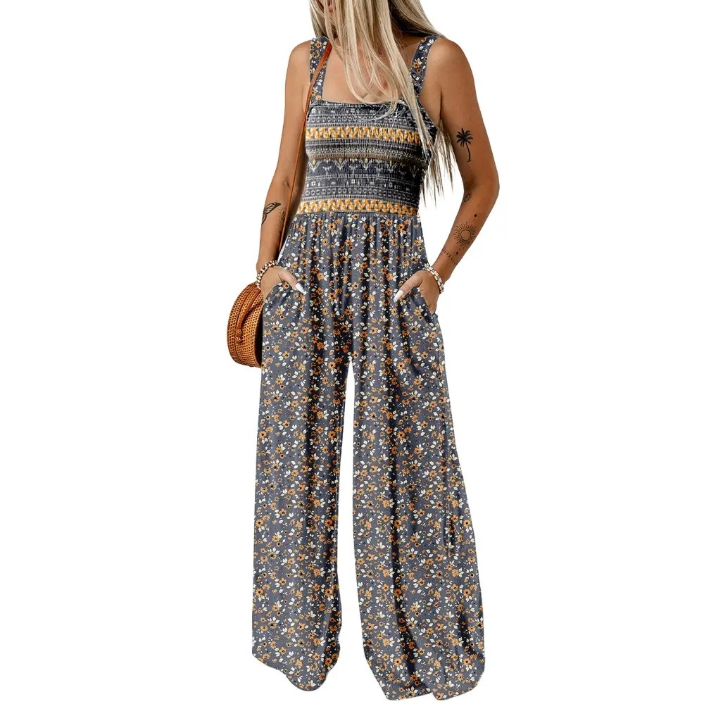 Women's Casual Loose Overalls Jumpsuits One Piece Sleeveless Printed Wide Leg Long Pant Rompers With Pockets