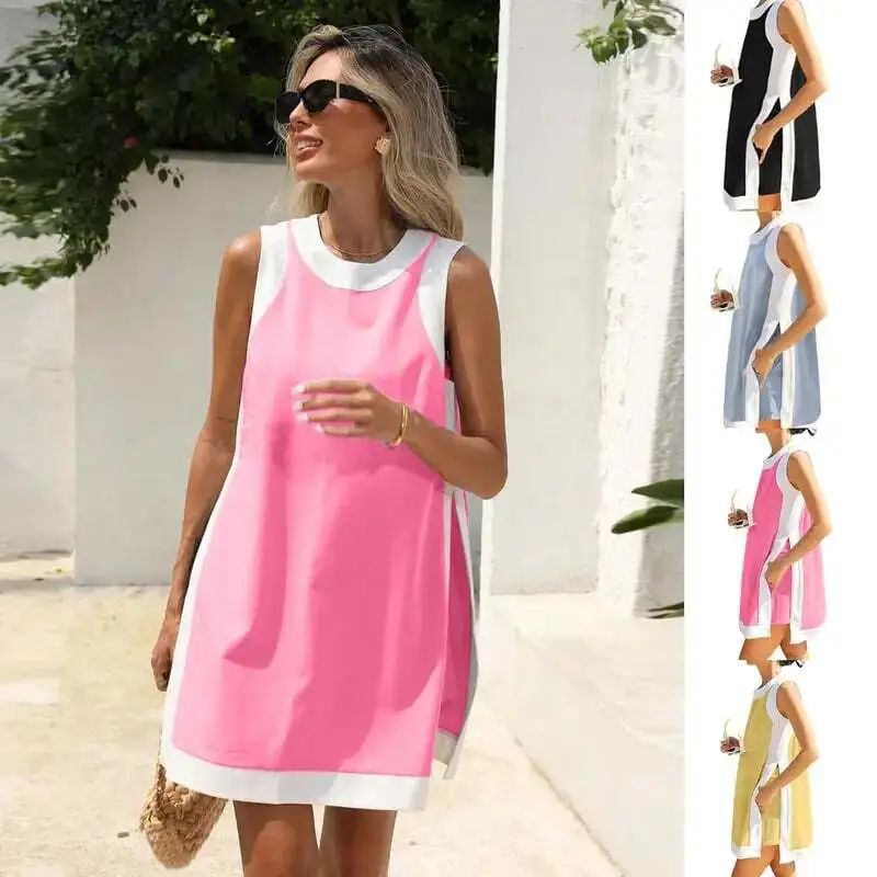 Women's 2-Piece Sets Color Block Crewneck Sleeveless Top + Skirt & Shorts w/ Pockets