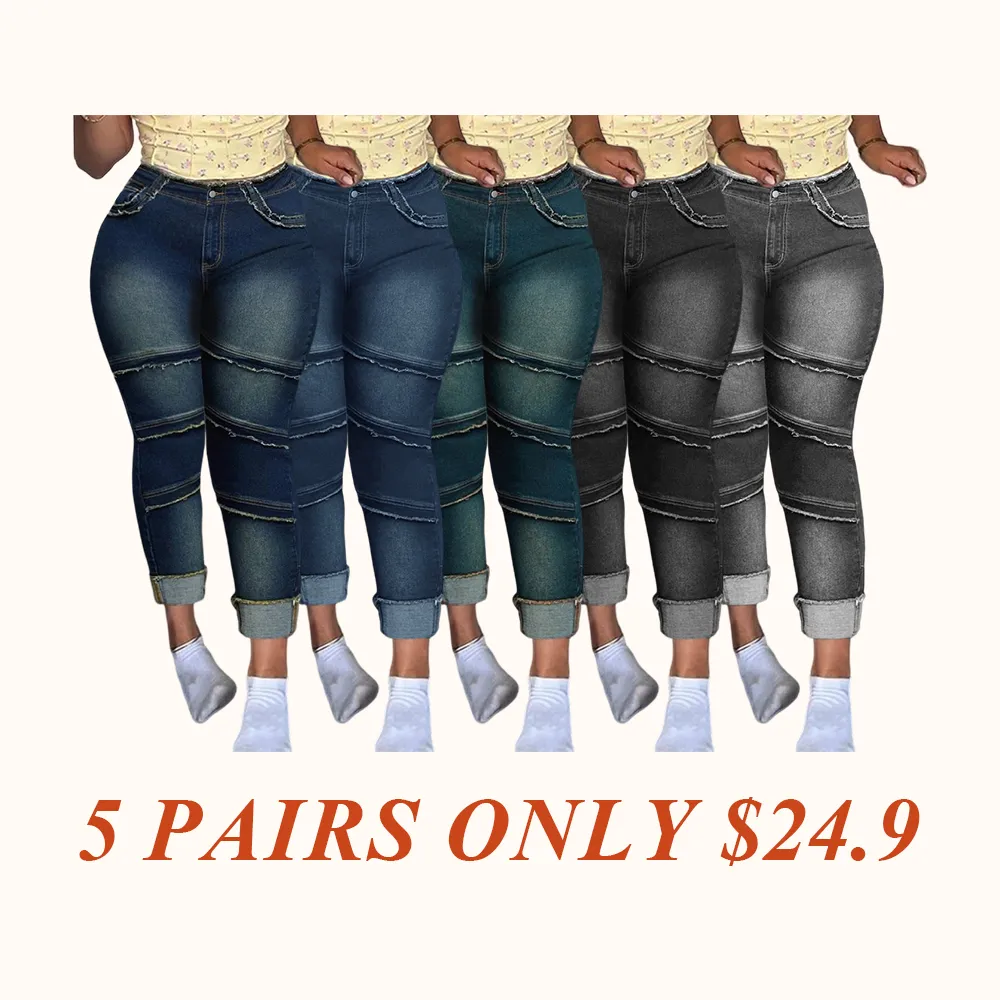 Raw Hem Pocket High Waisted Denim Jeans, Casual Comfy Slim-fitting Trousers for Daily Wear