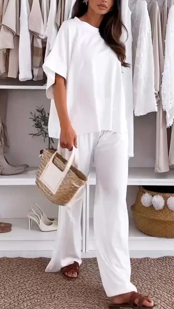 Ladies' Round Neck Solid Color Loose Casual Suit