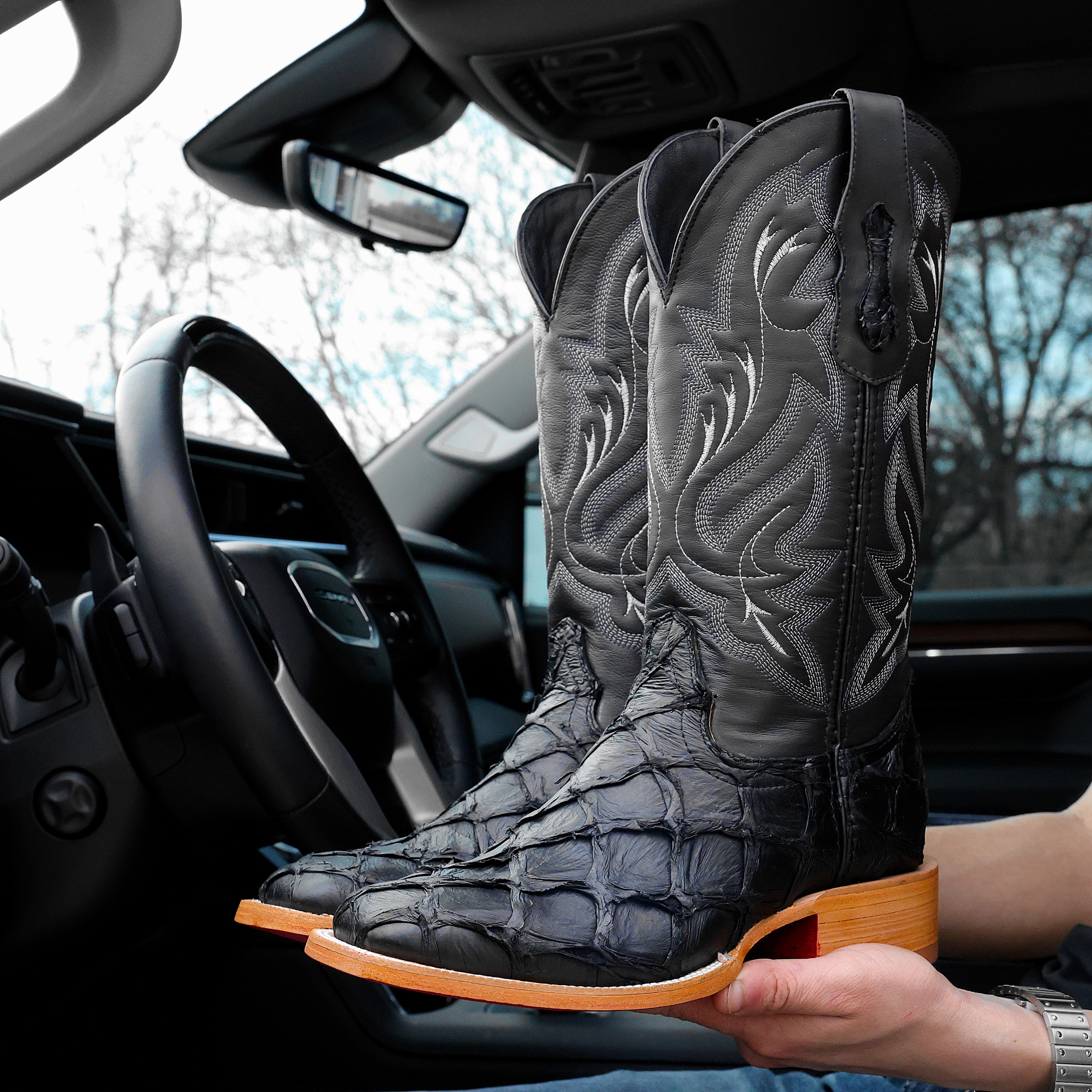 Black Genuine Pirarucu Boots - Square Toe