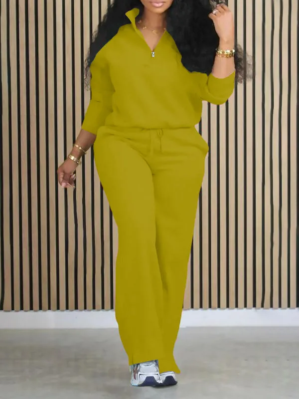 Women's Solid Half Placket Split Hem Pants Set