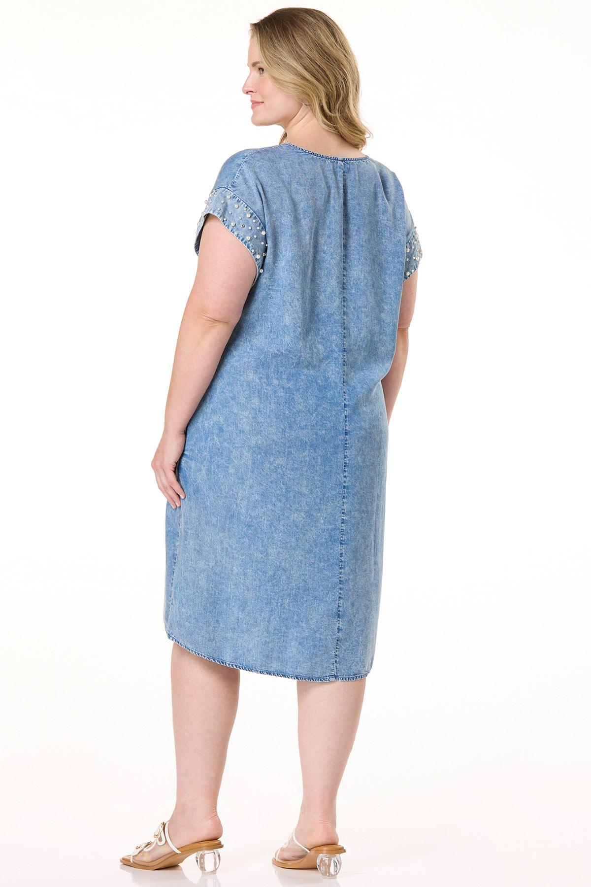Plus Size Pearl Trim Denim Shift Dress