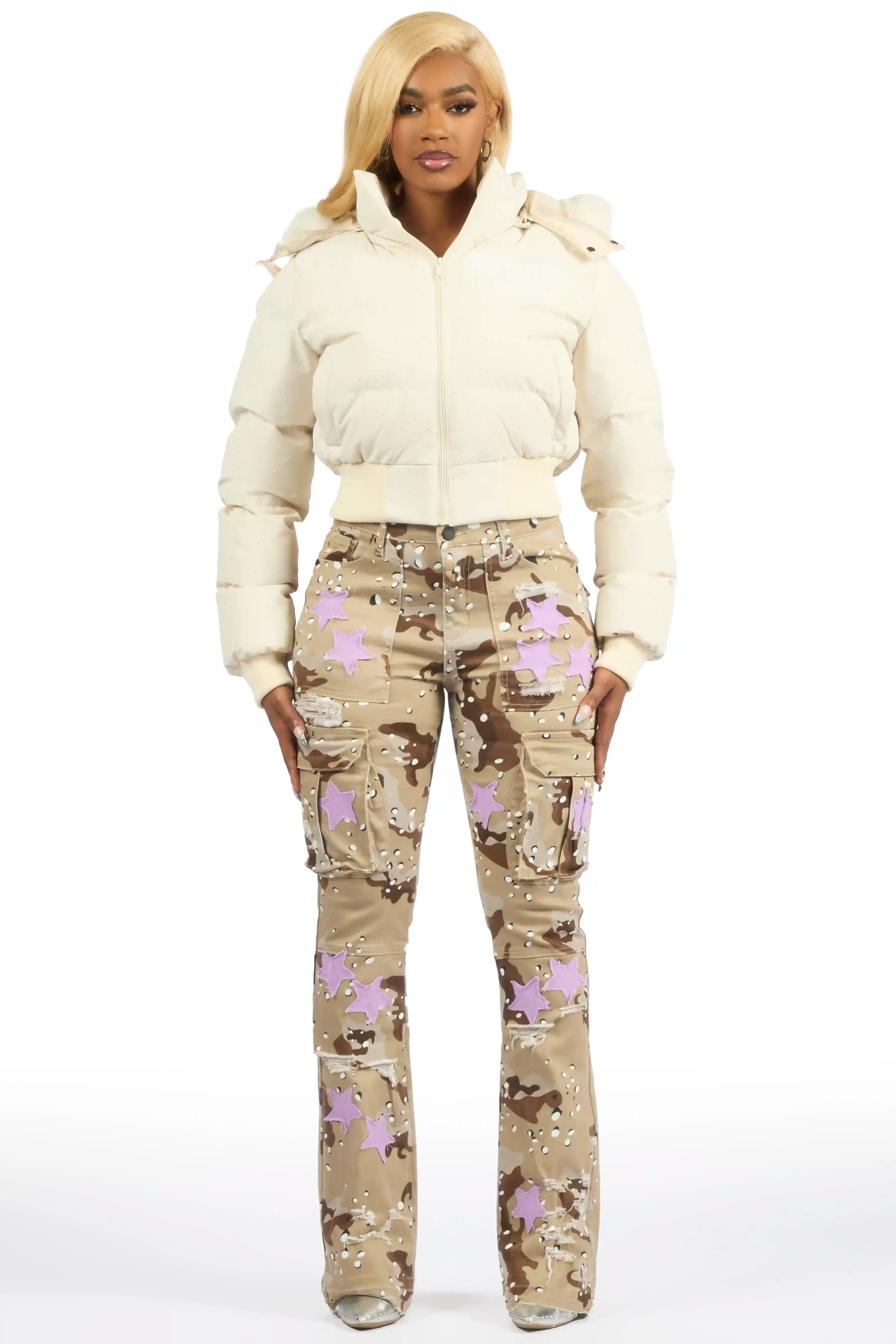 Gabrielle Beige Rhinestone Puffer Jacket With Fur Hood