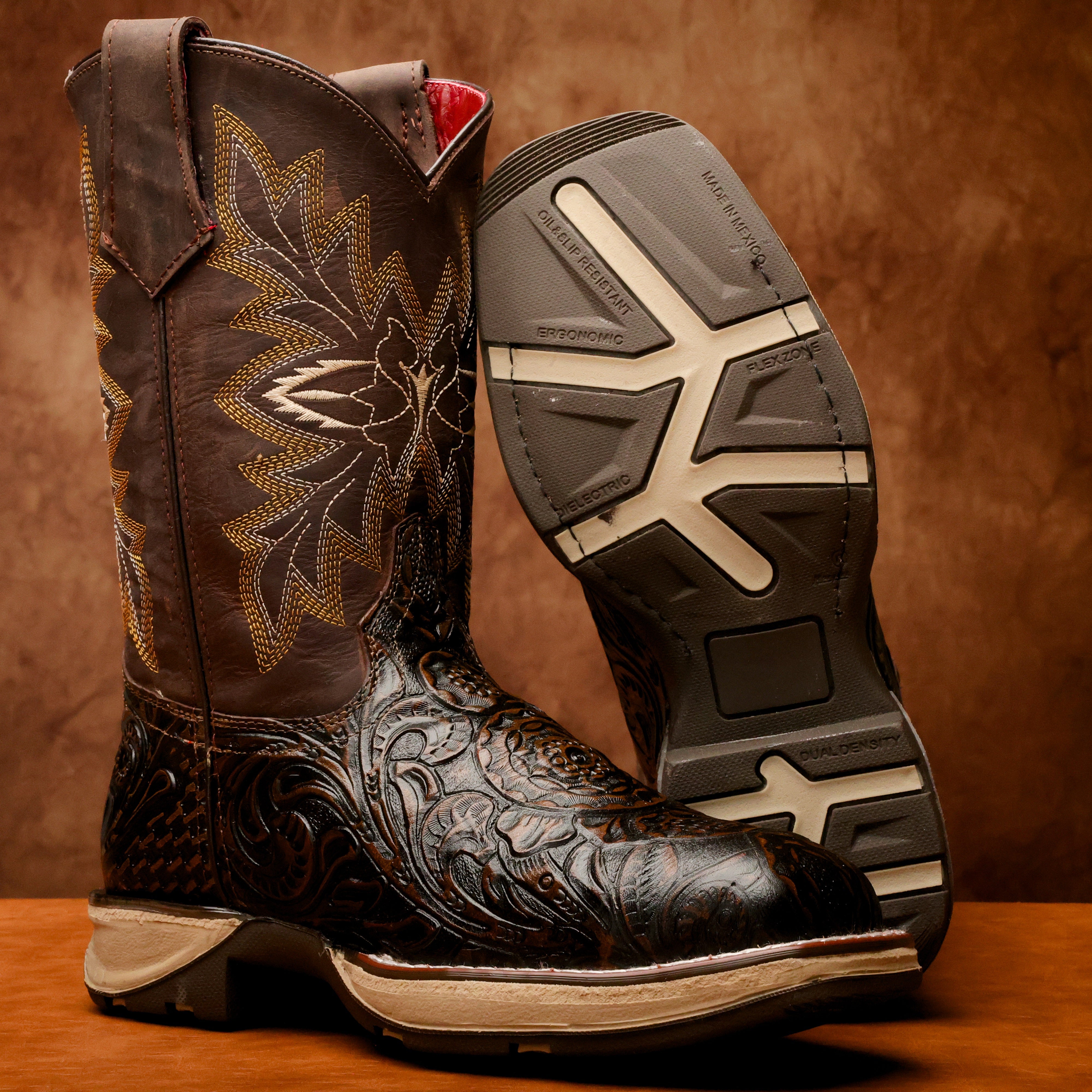 Rustic Brown Hand-Tooled Leather Boots With 3D Lightweight Sole - Composite Toe