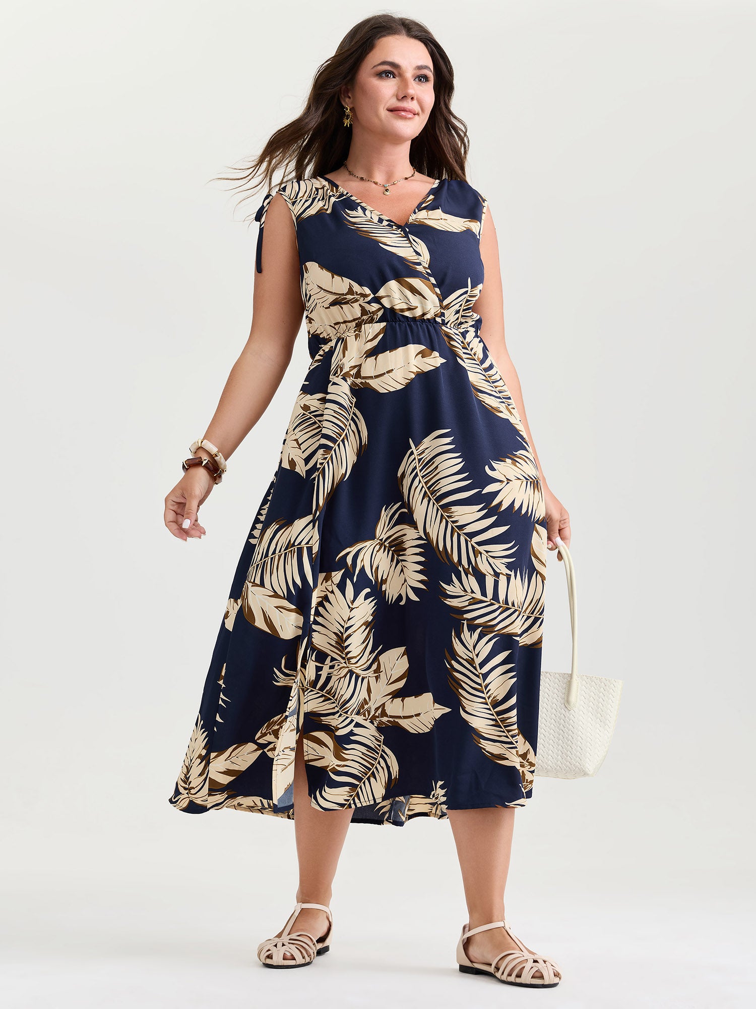 Tropical Print Wrap Neck Shoulder-Tie Midi Dress