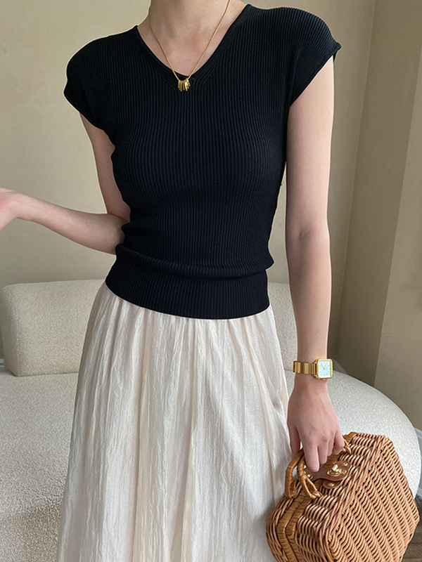 Solid Color Short Sleeves Skinny V-Neck T-Shirts