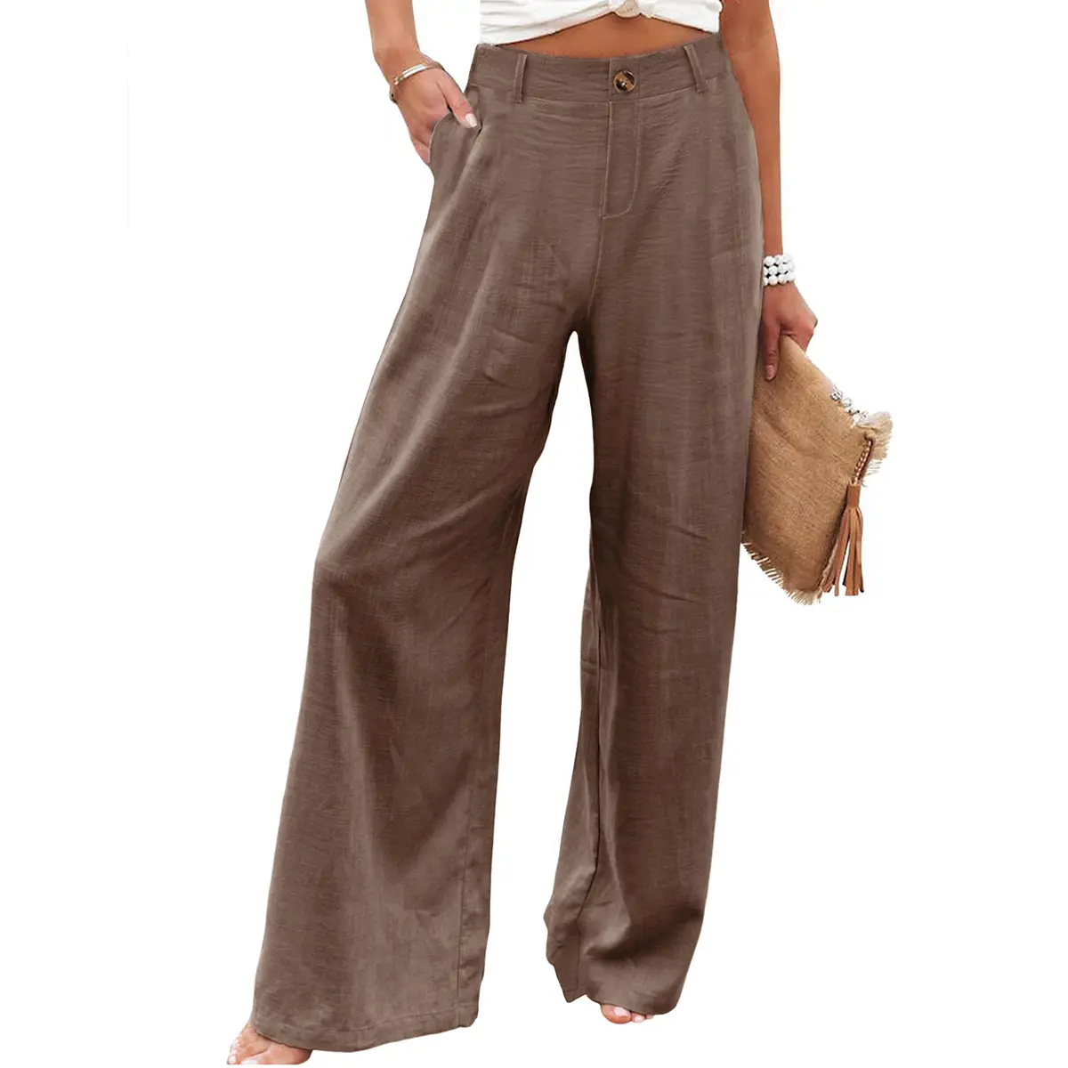 Kingapril Womens Cotton Linen Pants Casual Button Up High Waisted Wide Leg Trousers