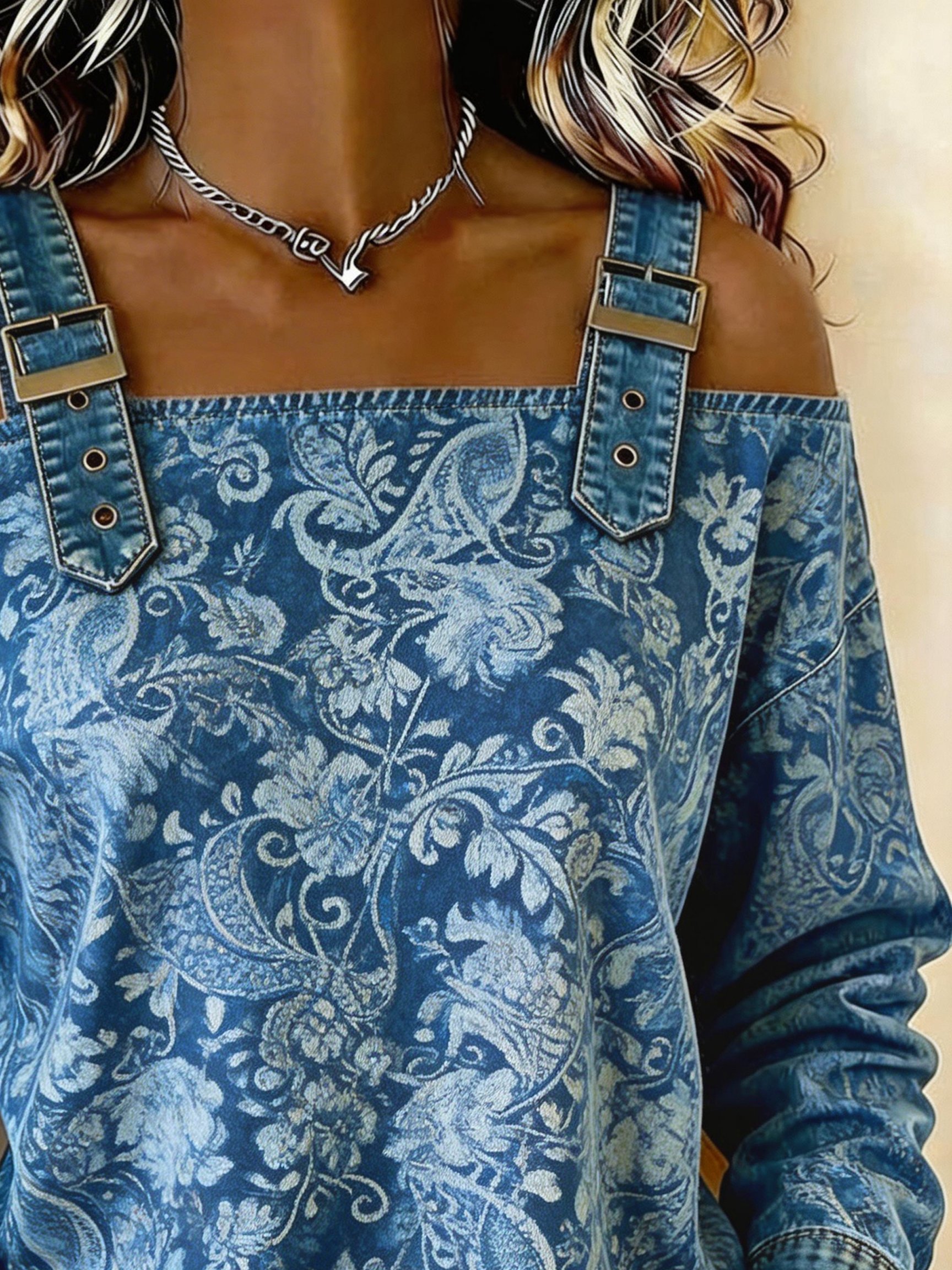 Women's denim casual jacquard off-shoulder top