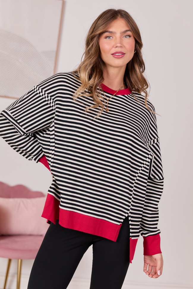 Kara Black And White Stripe Waffle Pullover