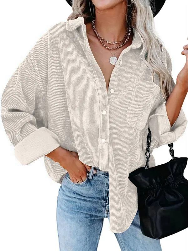Women's Plain Pocket Button Front Corduroy Shirt