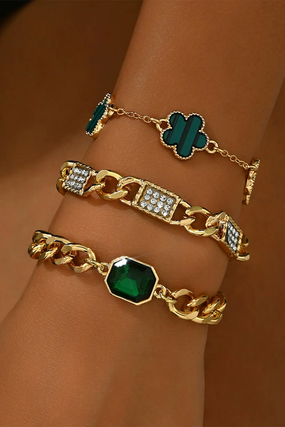 Gold St Patrick Gem Rhinestone Decor Adjustable Layered Bracelet
