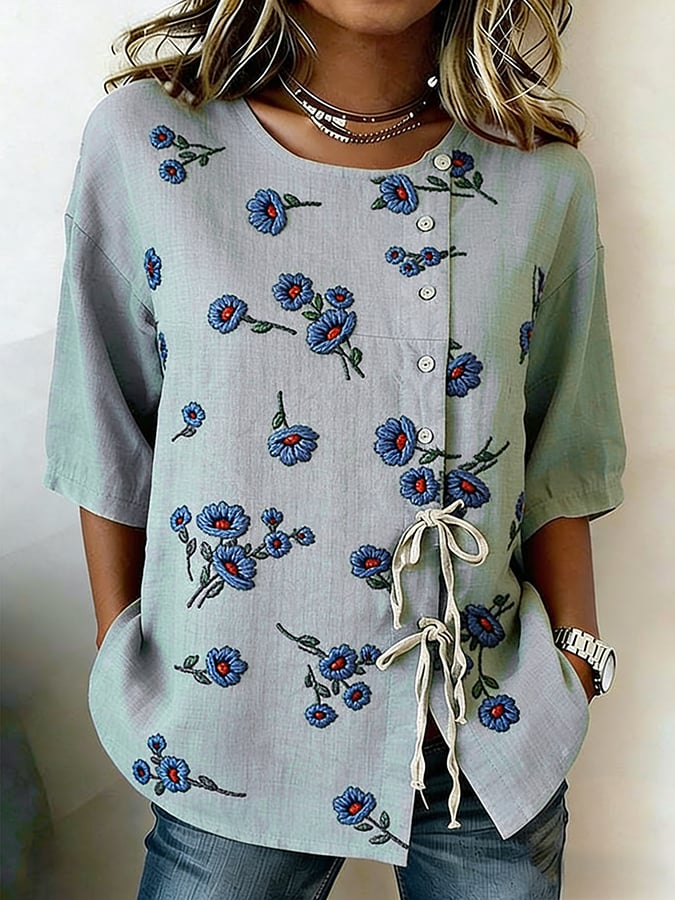 Women's Literary Retro Floral Print Tie Waist Linen Style Blouse- Fast Shipping