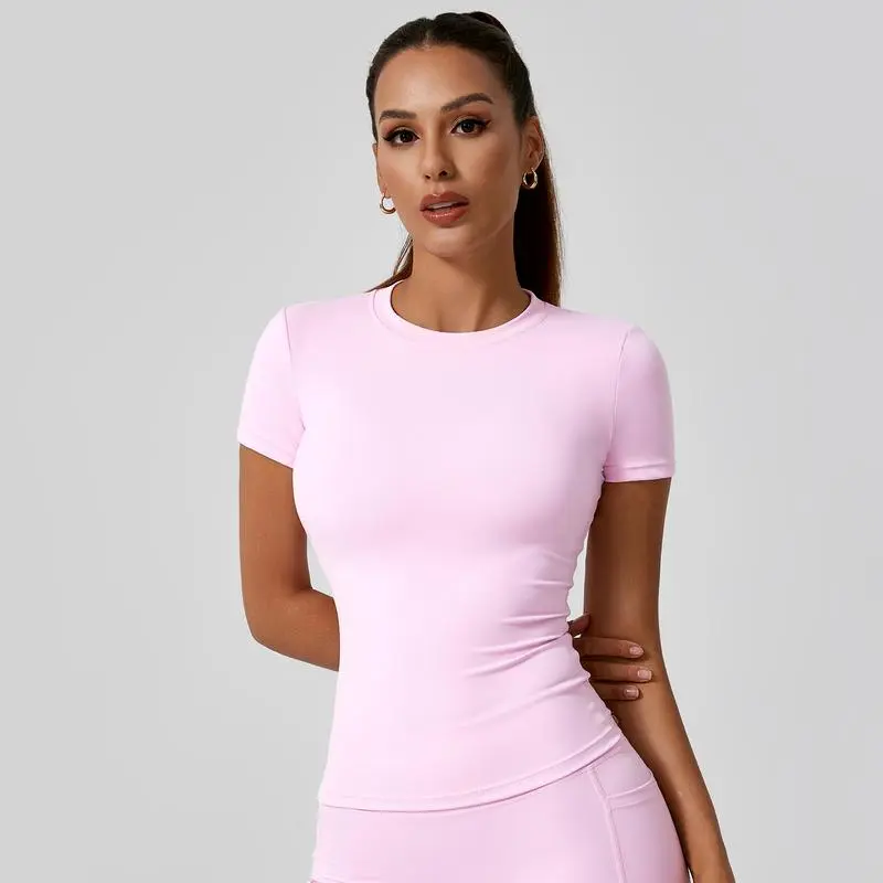 Solid color sports T-shirt set, crew neck, slim fit, stretchy style