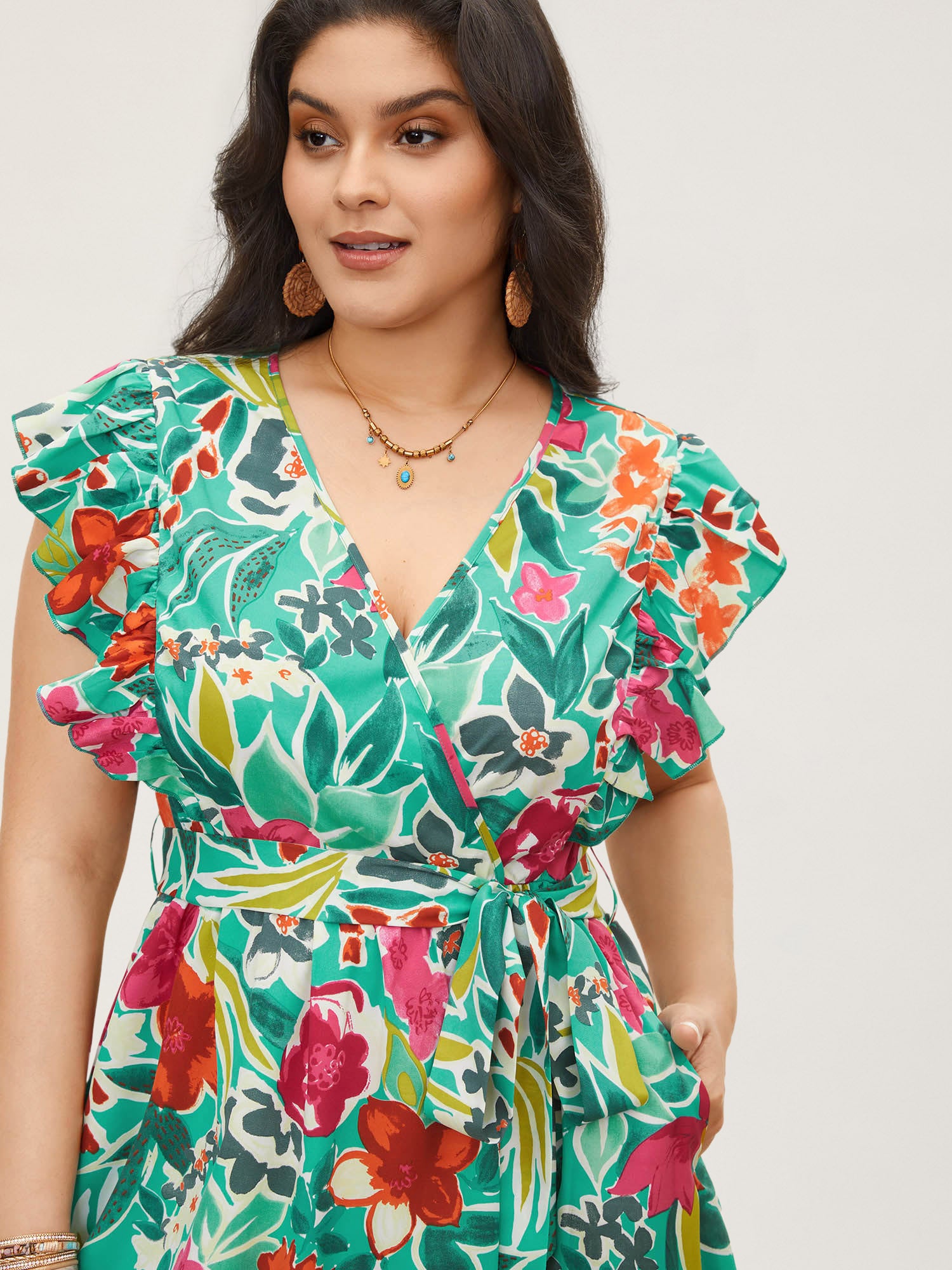 Floral Wrap Patchwork Ruffle Cap Sleeve Dress