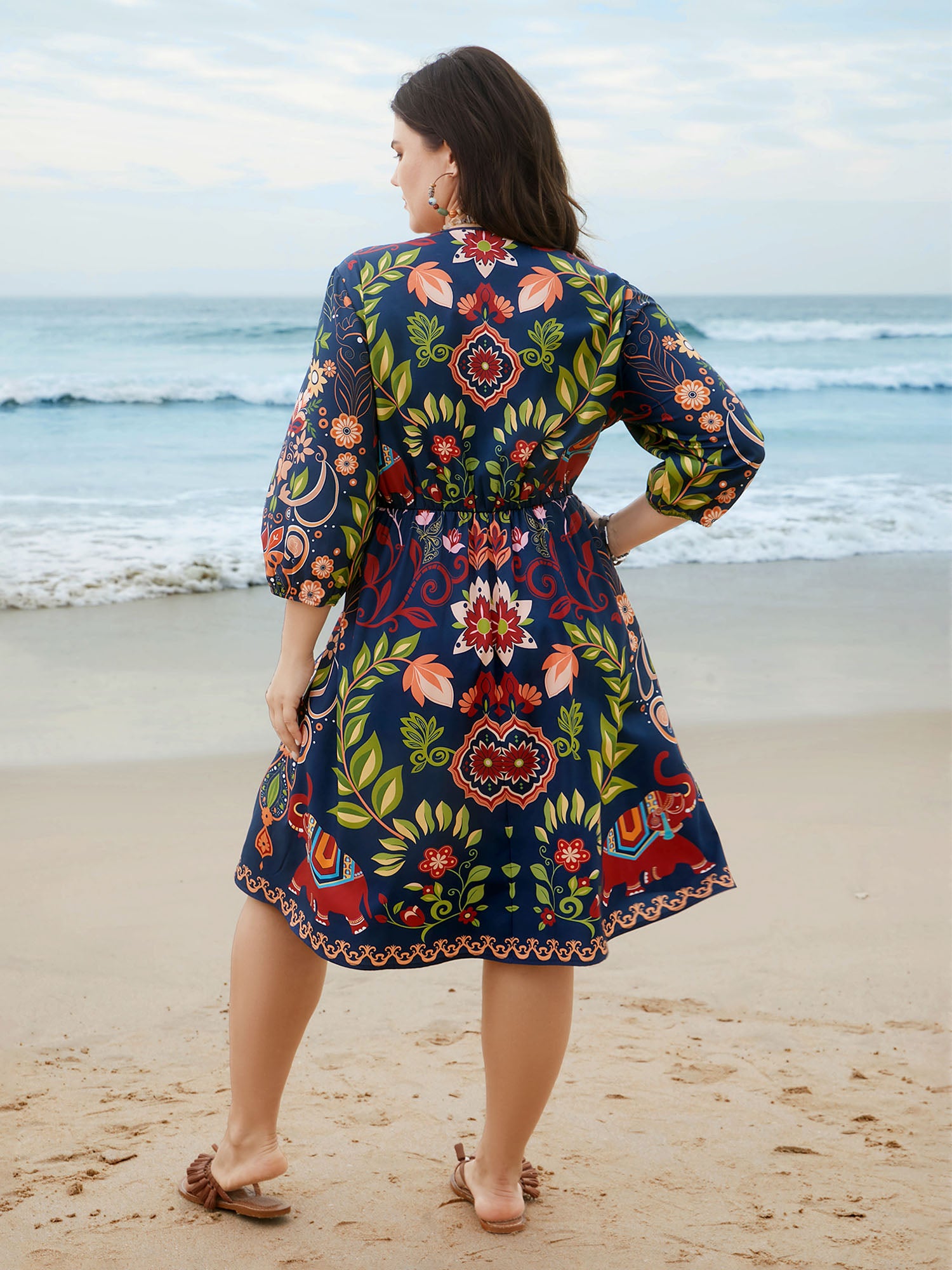 Boho Print V-Neck Pockets Mini Dress