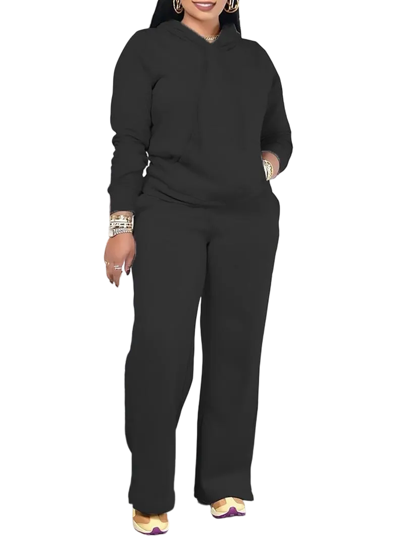 Women's solid color drawstring hoodie and high-waisted pants set