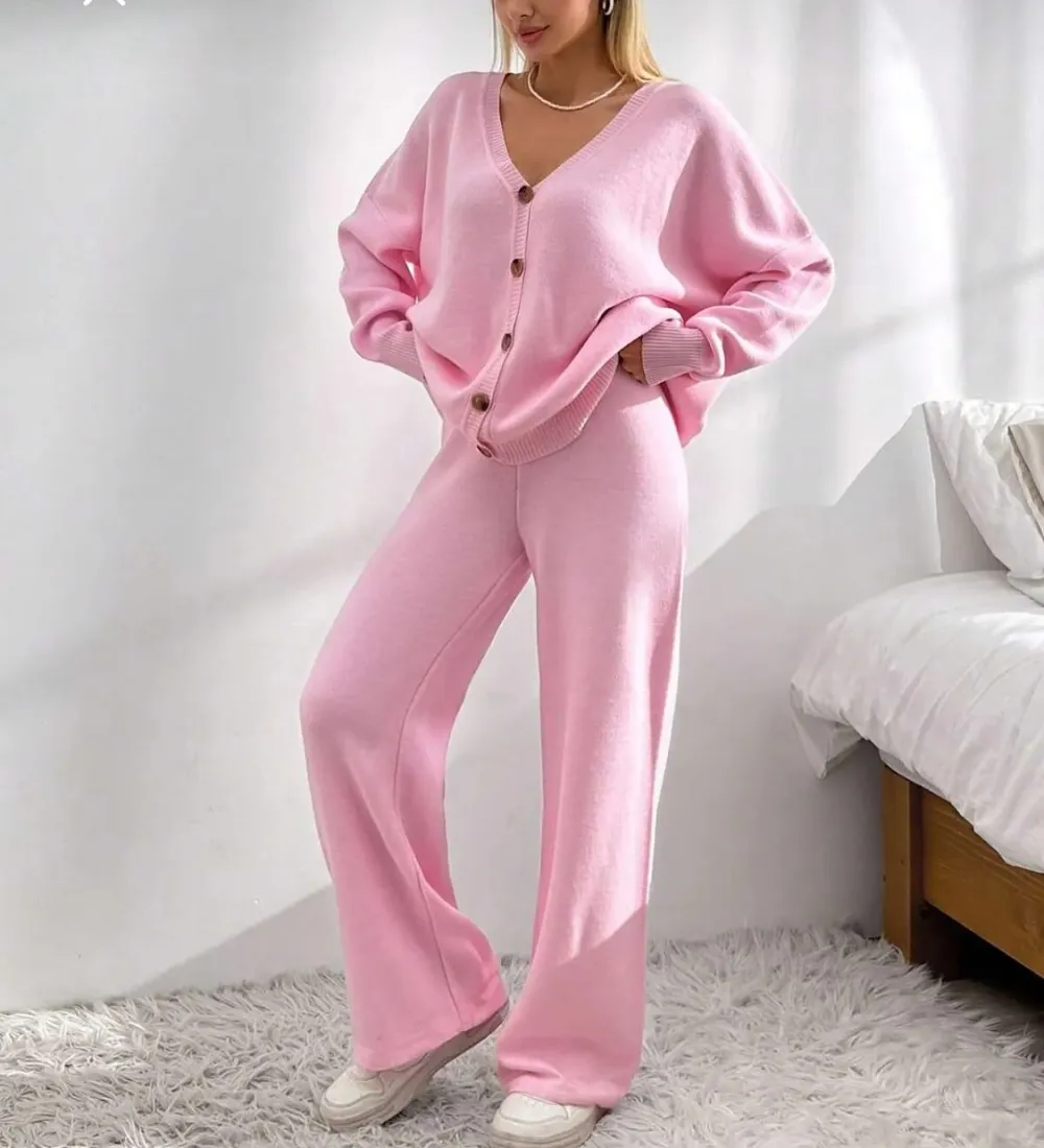Women's Longsleeves  Cardigan & Wide Leg Pants Two-piece Set
