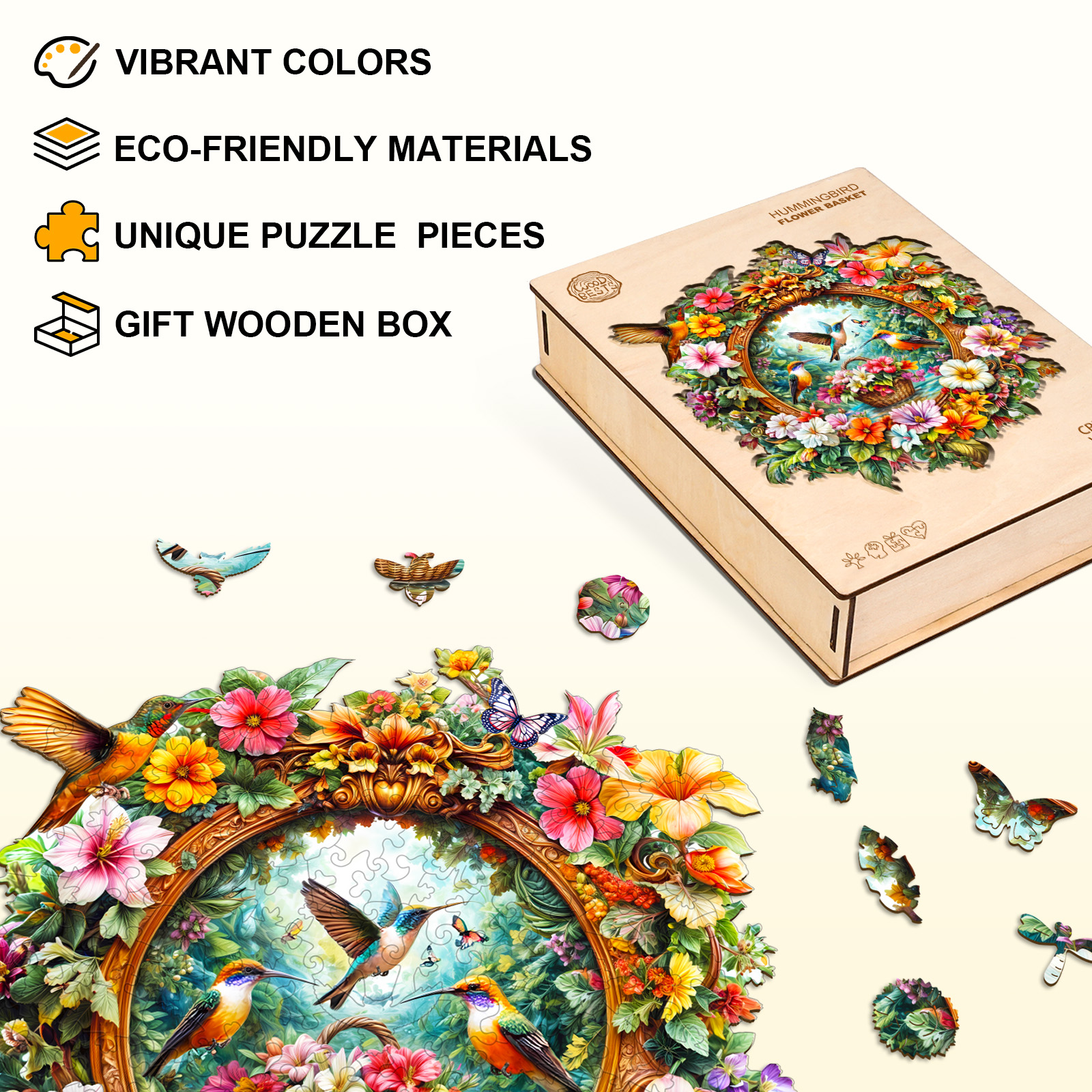 Hummingbird flower basket Wooden Jigsaw Puzzle