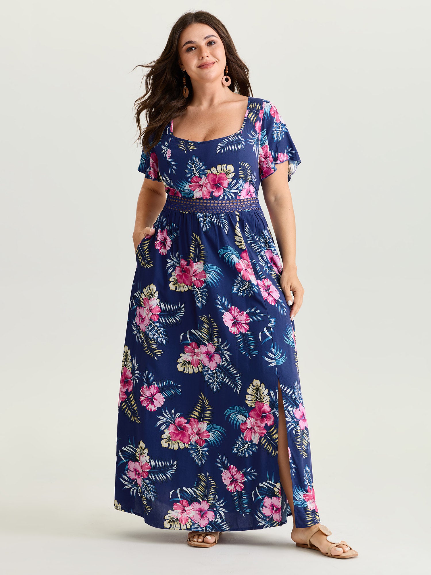 Large Floral Print Flowy Sleeve Maxi Dress