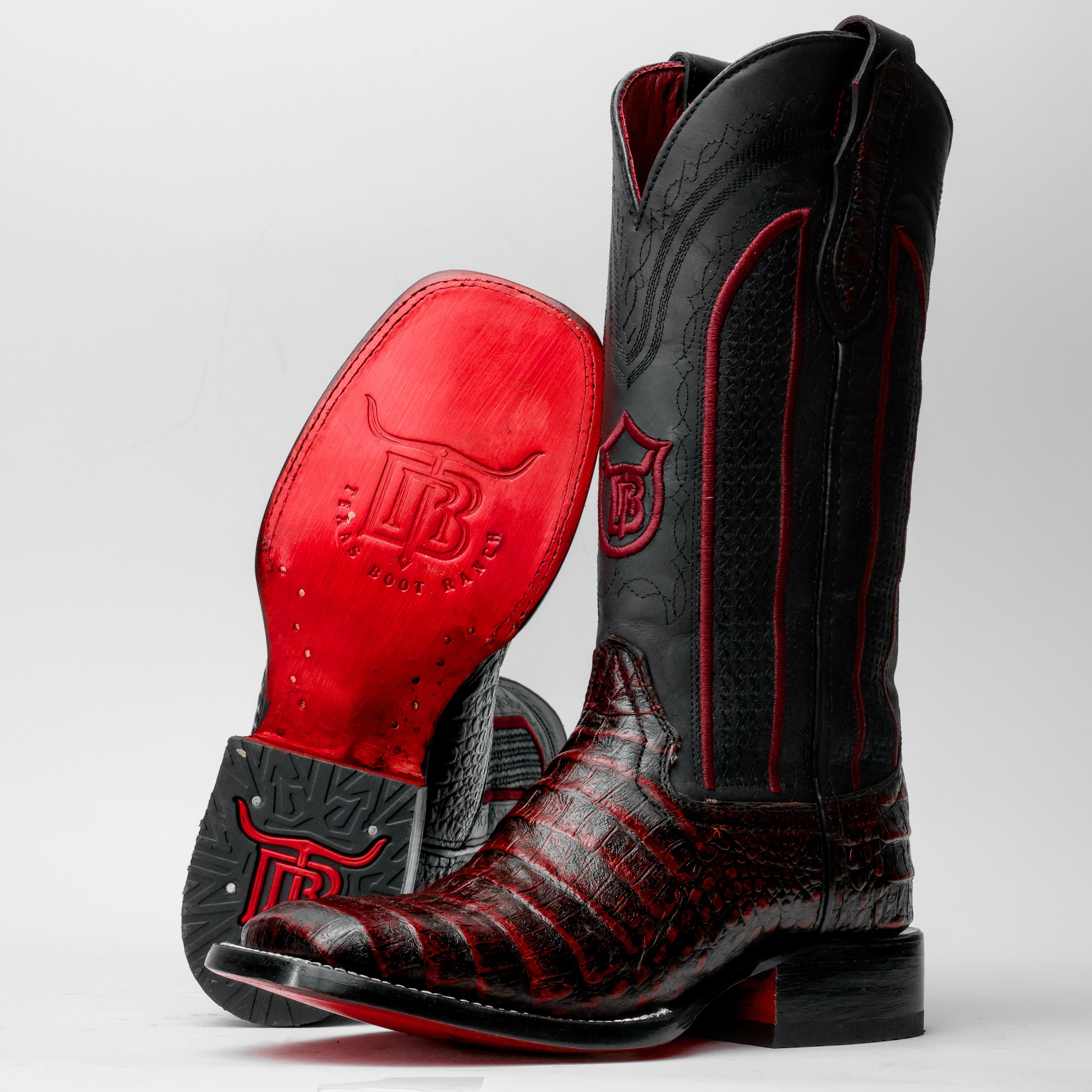 Black Cherry Caiman Belly Leather Boots - Square Toe