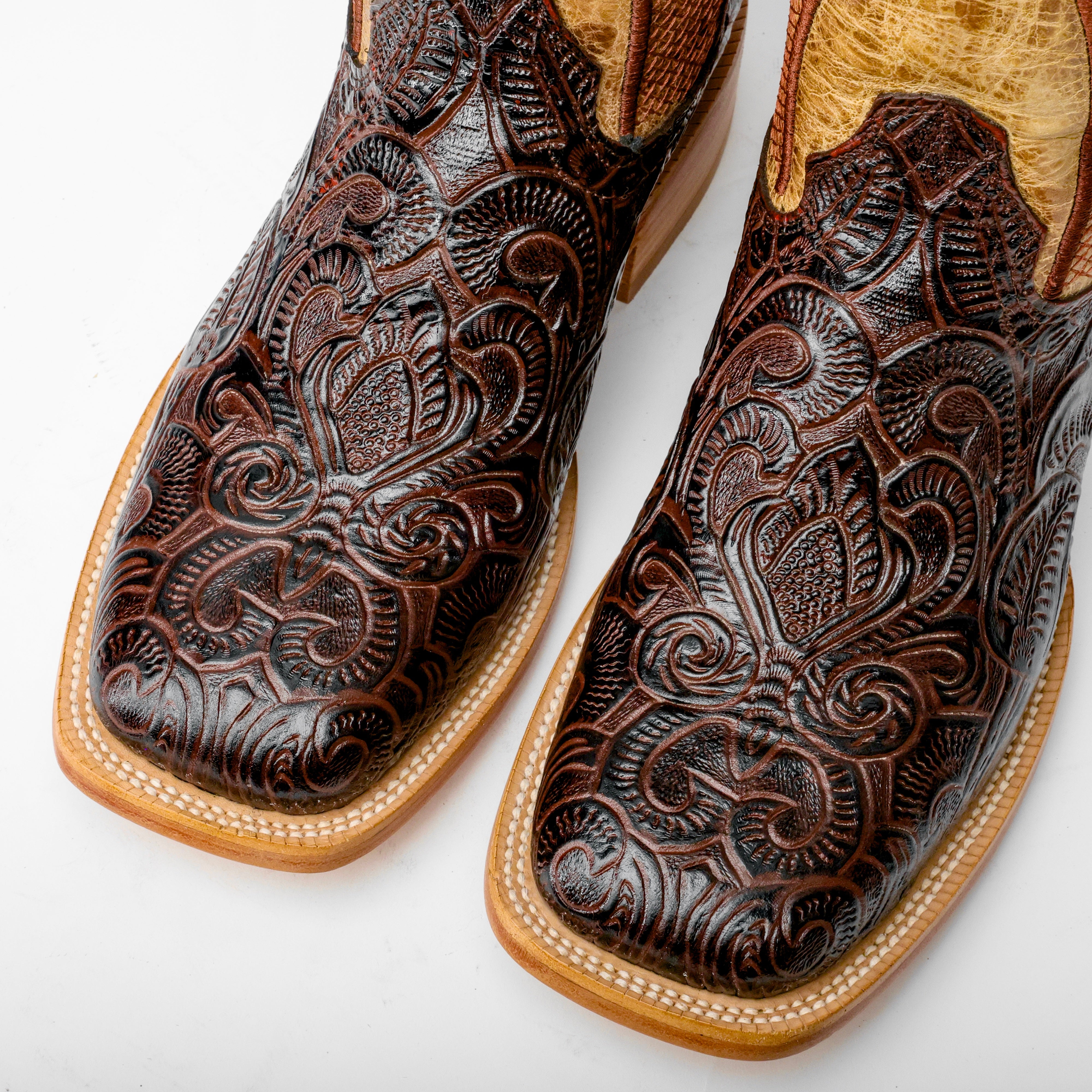 Brown Hand-Tooled Leather Boots - Square Toe