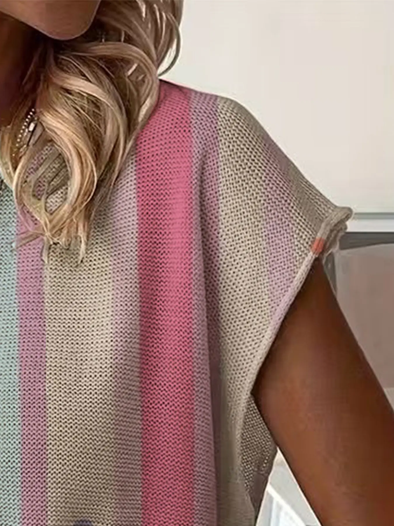 Spring/Summer crew neck drop-shoulder loose fit contrast stripe splicing print short-sleeve women's knit top