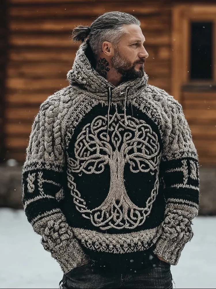 Men's Viking Style Tree Of Life Thick Needle Patchwork Hooded Sweater