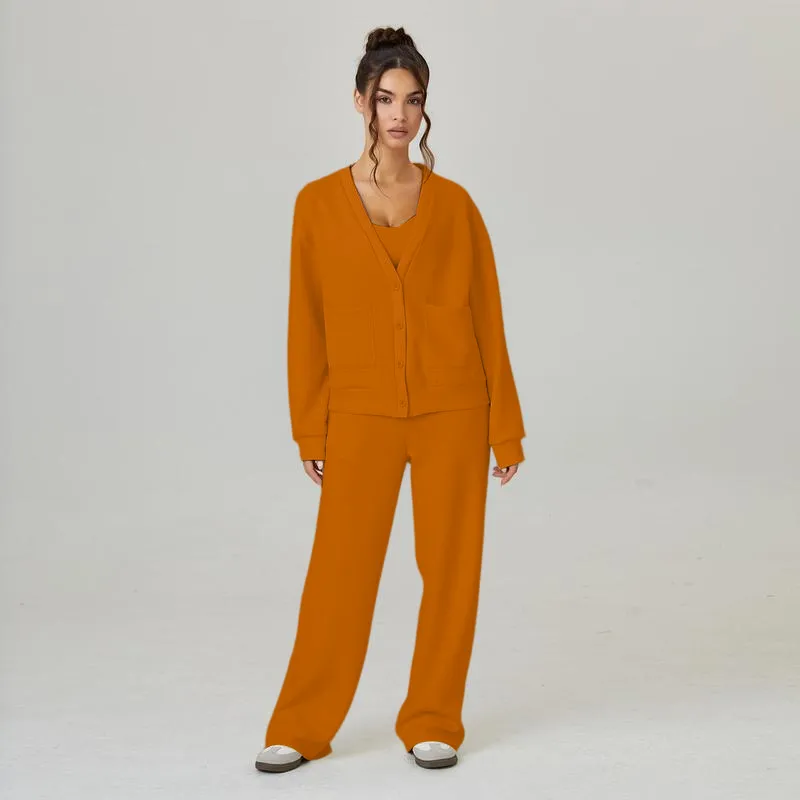 Women's Slouchy Solid Color V Neck Long Sleeve Button Cardigan & Drawstring Waist Trousers Co-ord