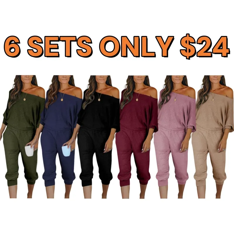 Women's 2-Piece Set Ribbed Knit Off Shoulder Tops Lounge Pants Tracksuit