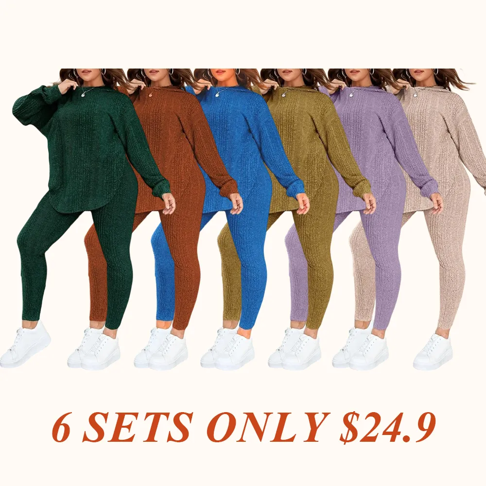 [Plus Size] Plain Split Curved Hem Hoodie & Leggings Lounge Two-piece Set