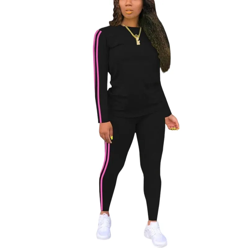 Women's Striped Print Long Sleeve Top & Pants Two-piece Set