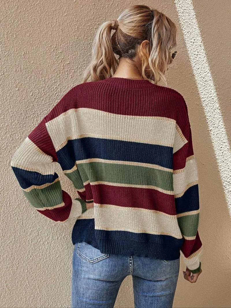 Women's Colorblock Striped Print Drop Shoulder Sweater
