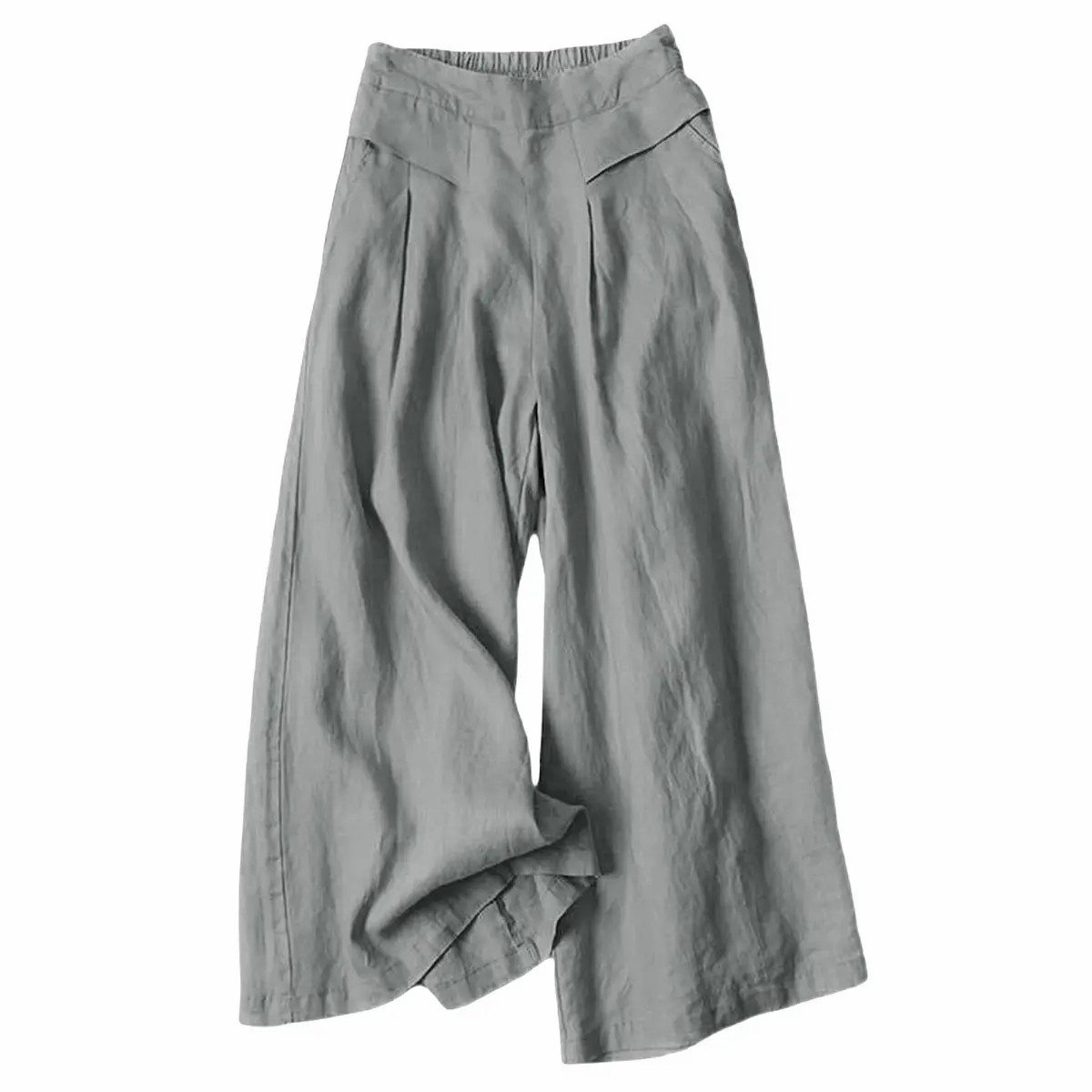 【Stock Up Deals】Women's Cotton Linen Culottes Pants Elastic Waist Wide Leg Palazzo Trousers Capri Pants with Pockets