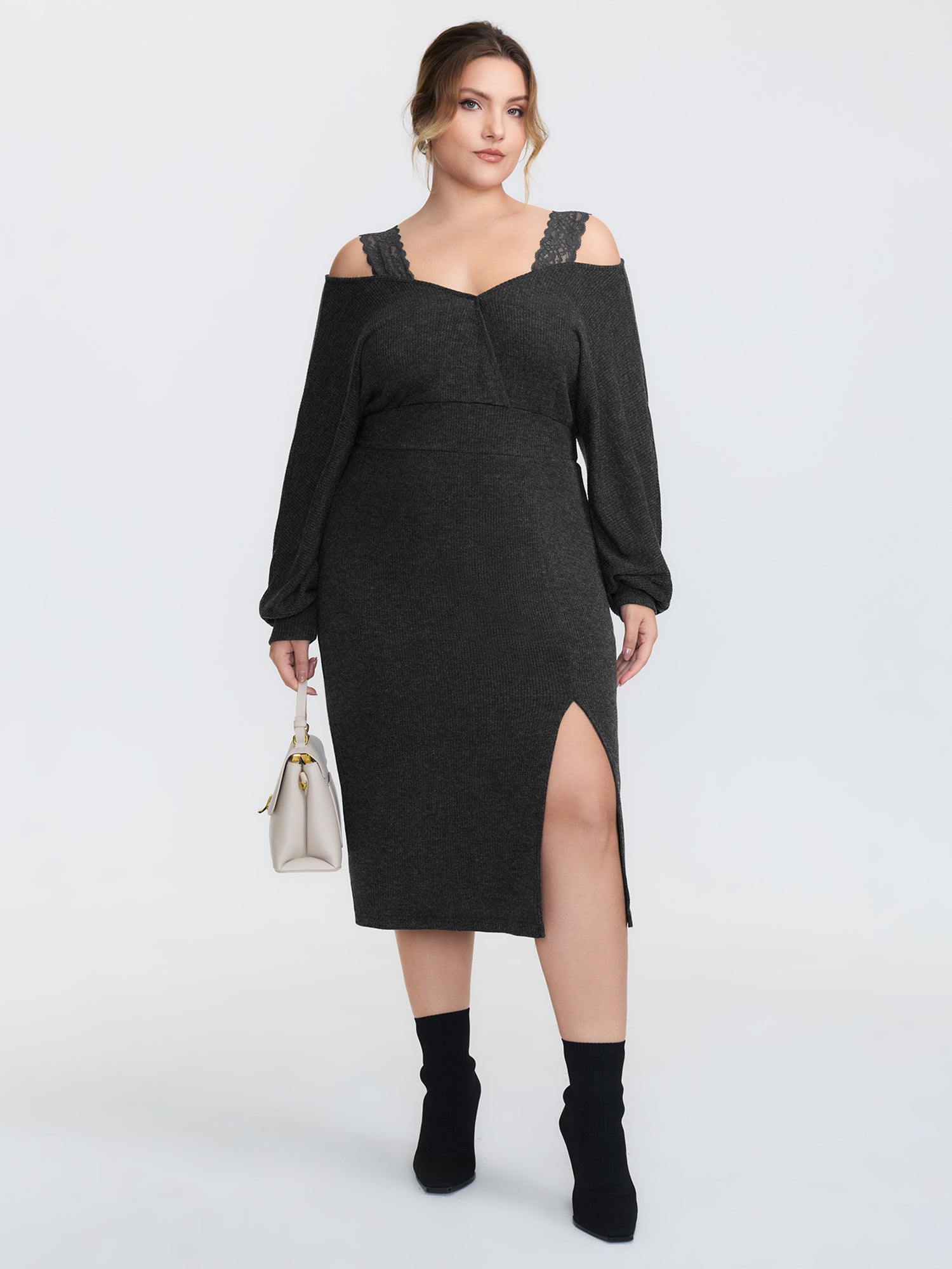 Lace Trim Off-Shoulder Split Hem Midi Dress