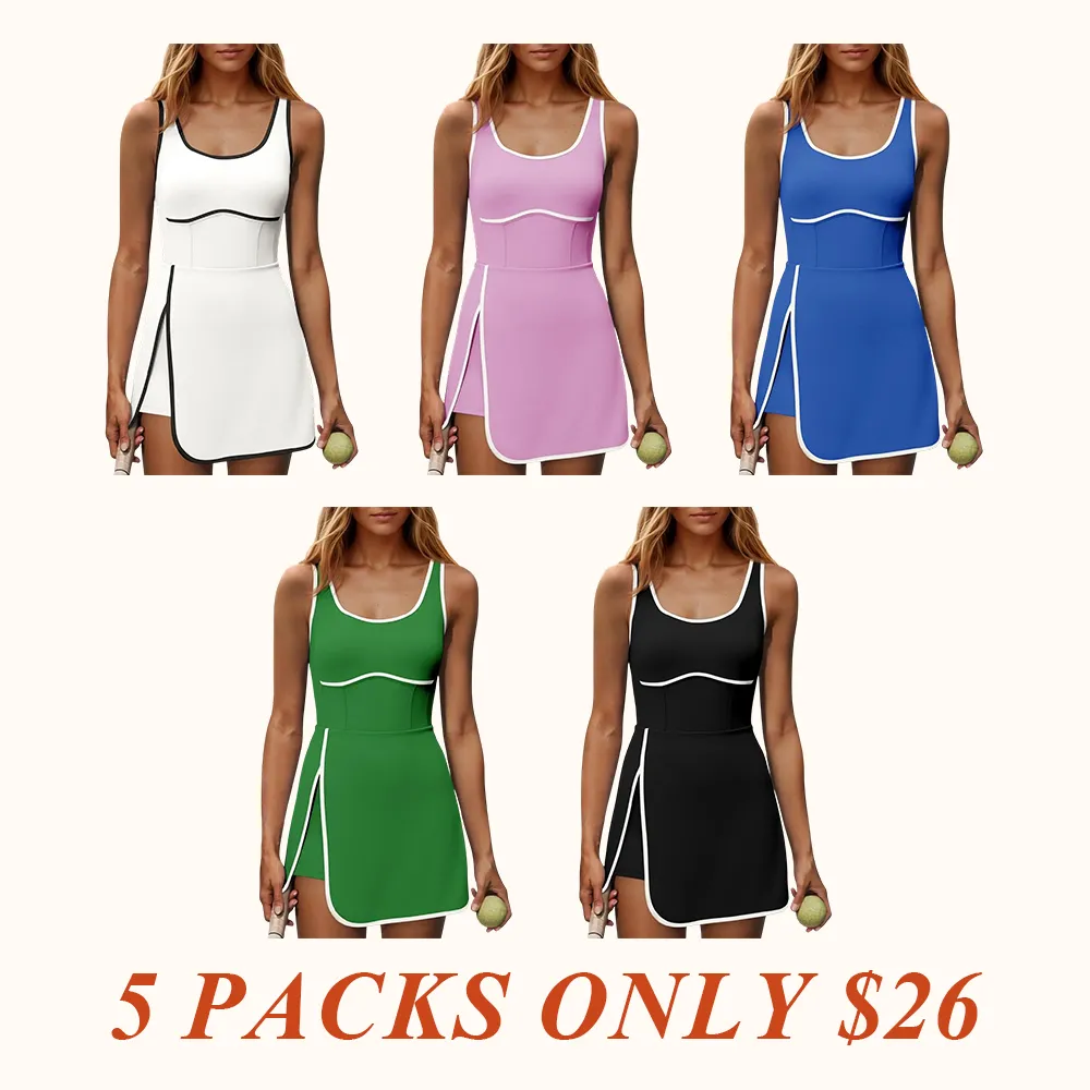 Womens Workout Tennis Dress with Built-in Bra & Shorts Pockets Sleeveless Cutout Golf Athletic Mini Dresses