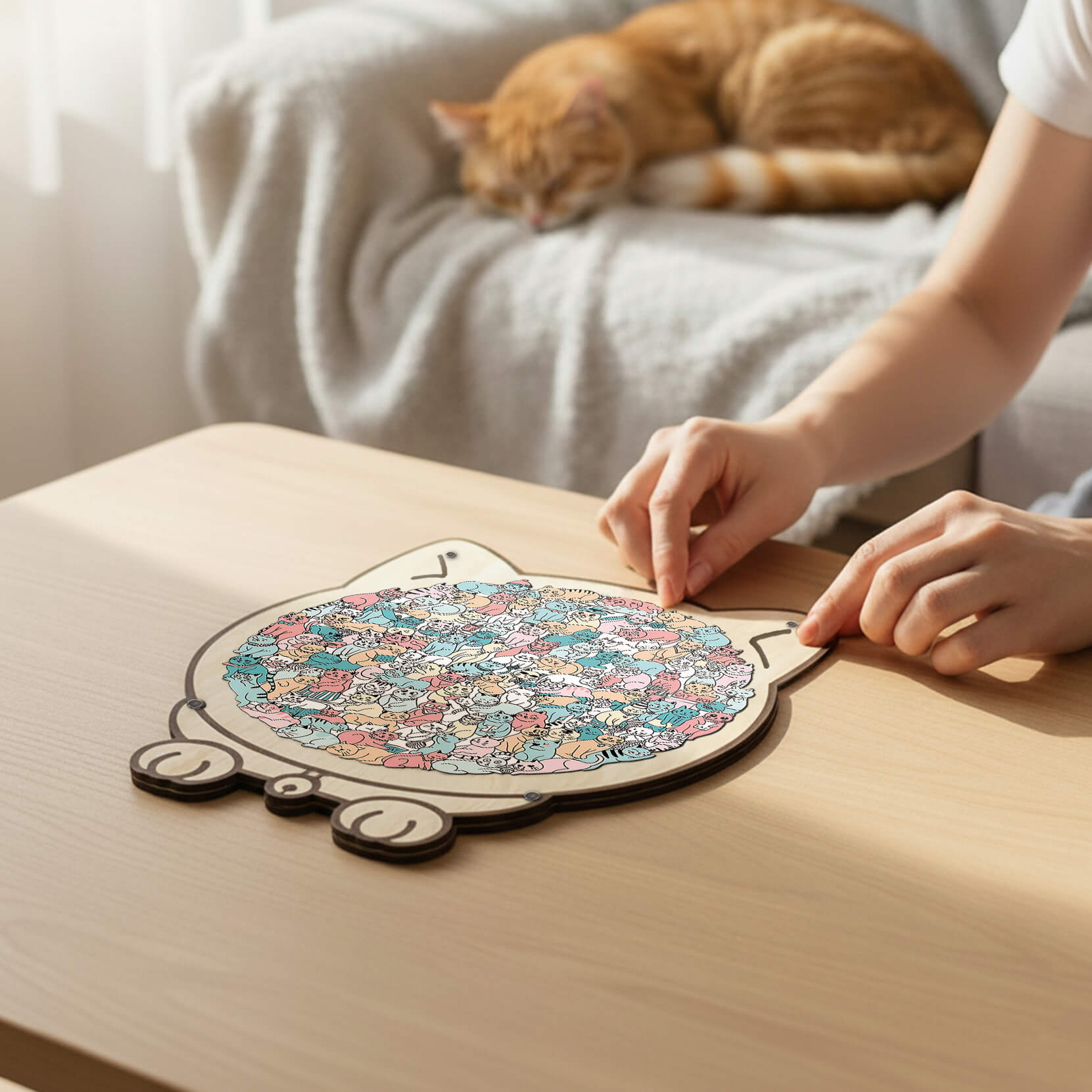 Morandi-Colored Cute Cat Shaped Wooden Jigsaw Puzzle