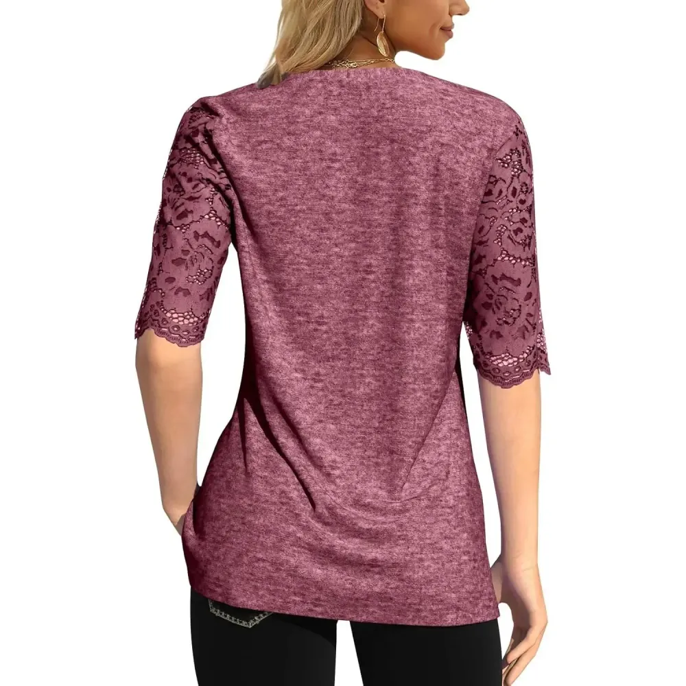 Women's Lace Sleeve Summer T-Shirt V-Neck Botton Up Basic Solid Color Casual Tunic Tops
