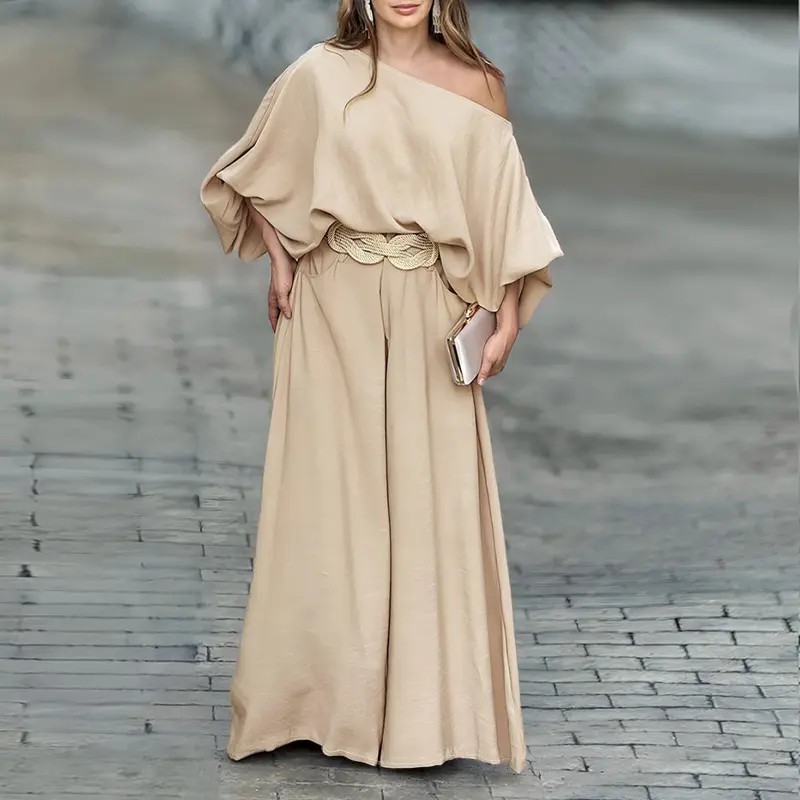Women's Skew Neck Lantern Sleeve Top & Wide Leg Pants Set