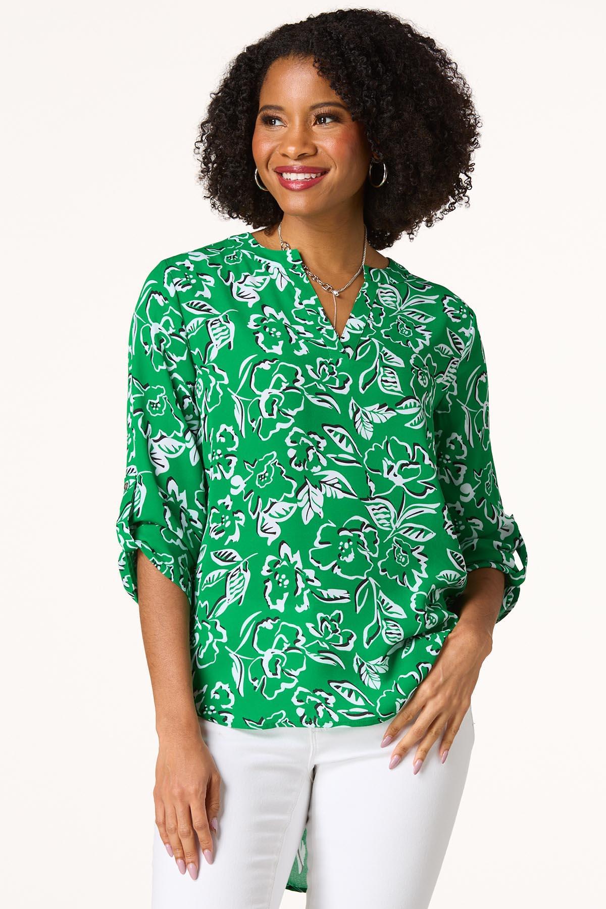 Green Floral Printed Popover Top